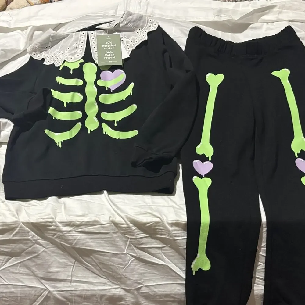 H & m 7/8 Glow-in-the-Dark Skeleton Sweatshirt Set for Kids new with tags nwt